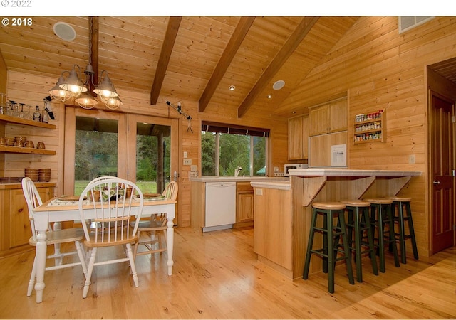 kitchen featuring wooden ceiling, an inviting chandelier, dishwasher, beamed ceiling, and wood walls