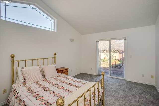 carpeted bedroom with lofted ceiling, access to outside, and baseboards