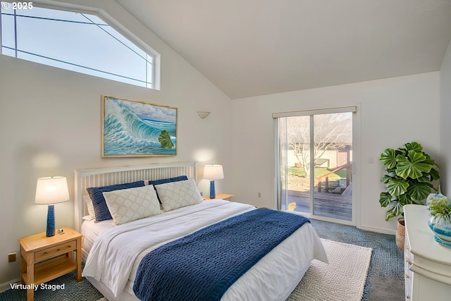 carpeted bedroom featuring baseboards, vaulted ceiling, and access to outside