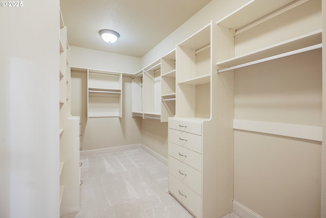 walk in closet with light carpet