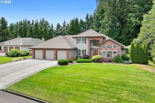 4220 NE 171st Ave, Vancouver, WA 98682 - traditional-style home featuring brick siding, a garage, concrete driveway, a front lawn, and a chimney