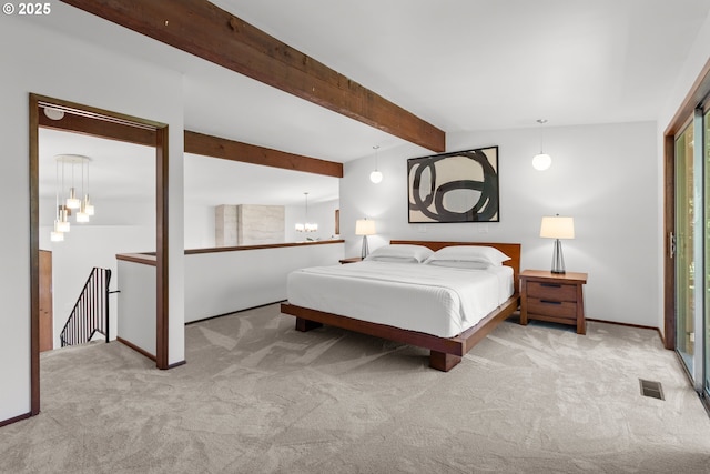 3115 NW Cornell Rd, Portland, OR 97210 - bedroom with carpet, a chandelier, beam ceiling, and baseboards