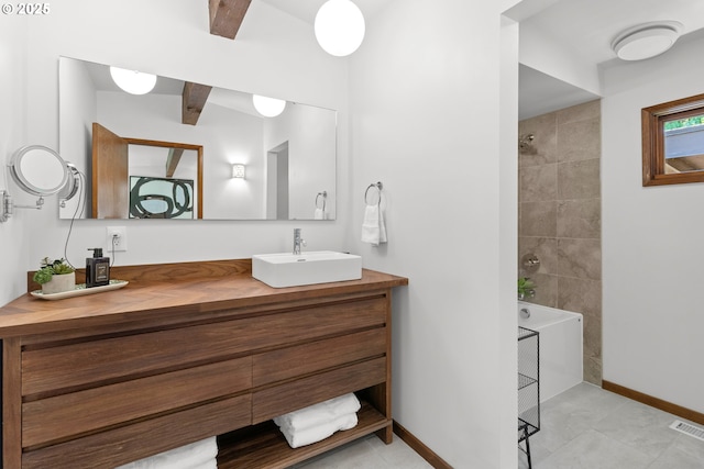 3115 NW Cornell Rd, Portland, OR 97210 - bathroom featuring a shower, vanity, baseboards, and tile patterned floors