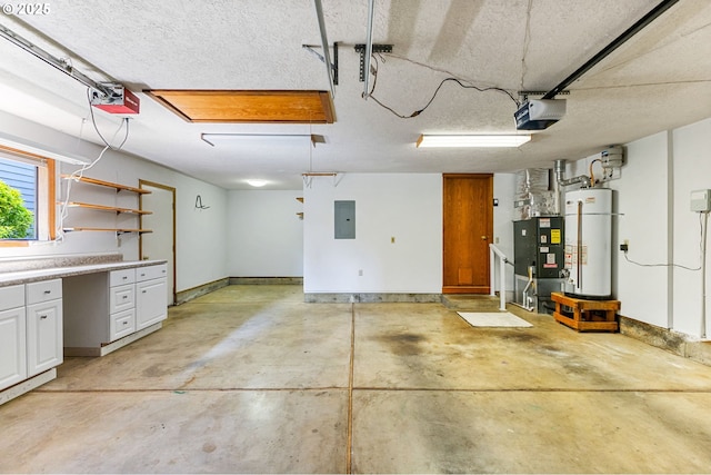 garage with a garage door opener, gas water heater, and electric panel
