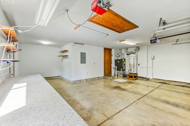garage with a garage door opener, gas water heater, and electric panel