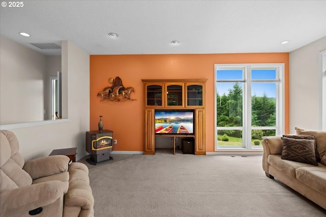 14255 SW Parmele Rd, Gaston, OR 97119 - living area featuring a wood stove, carpet flooring, and recessed lighting