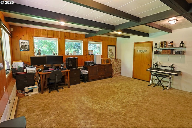 1695 N 17th St, Coos Bay, OR 97420 - home office with beamed ceiling, wooden walls, and carpet flooring
