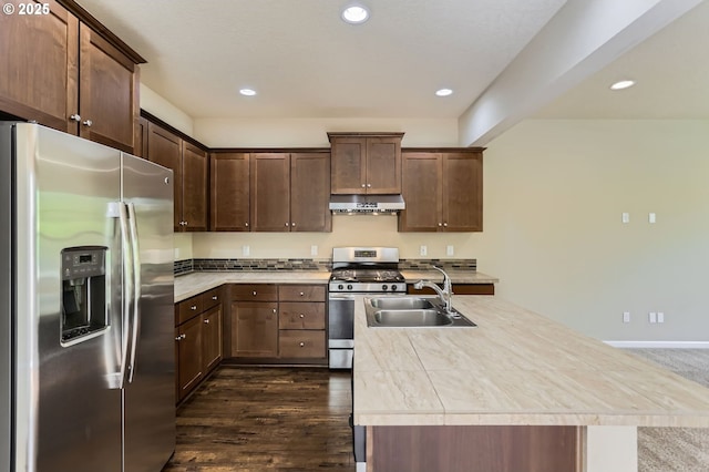 7156 NW Abigail Ter, Portland, OR 97229 - kitchen with dark brown cabinetry, a sink, stainless steel appliances, dark wood-type flooring, and under cabinet range hood