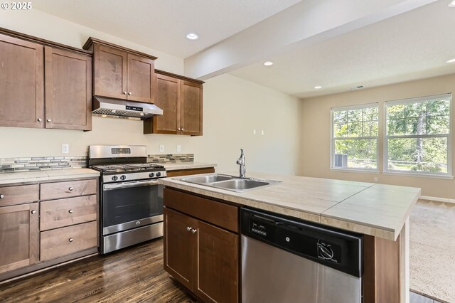 7156 NW Abigail Ter, Portland, OR 97229 - kitchen with appliances with stainless steel finishes, a sink, light countertops, under cabinet range hood, and recessed lighting