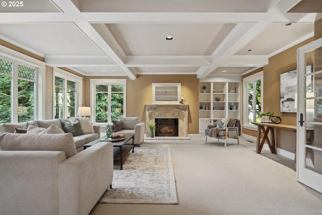 3505 SW Beaverton Ave, Portland, OR 97239 - carpeted living area featuring crown molding, coffered ceiling, beamed ceiling, a premium fireplace, and recessed lighting