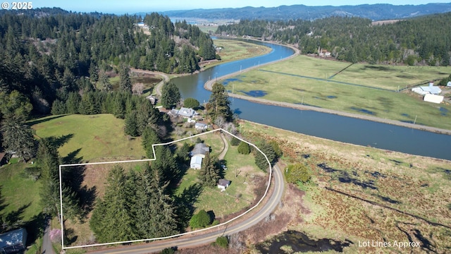 aerial view with a water view and a forest view