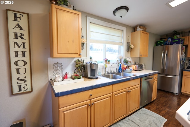 kitchen featuring light brown cabinets, stainless steel appliances, dark wood-type flooring, and a sink