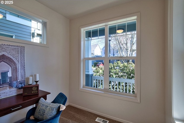 carpeted office space with a healthy amount of sunlight, visible vents, and baseboards