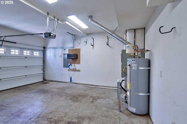 garage featuring strapped water heater, electric panel, and a garage door opener