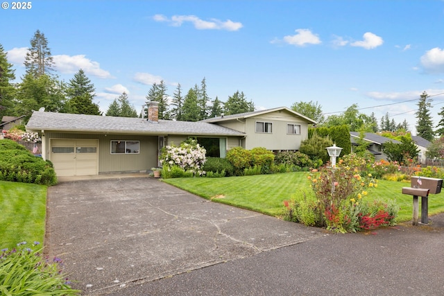 1627 NE 143rd Ave, Portland, OR 97230 - split level home featuring a garage, asphalt driveway, a front lawn, and a chimney