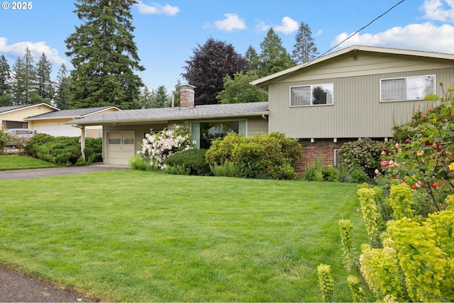 1627 NE 143rd Ave, Portland, OR 97230 - split level home featuring an attached garage, a front lawn, a chimney, and driveway
