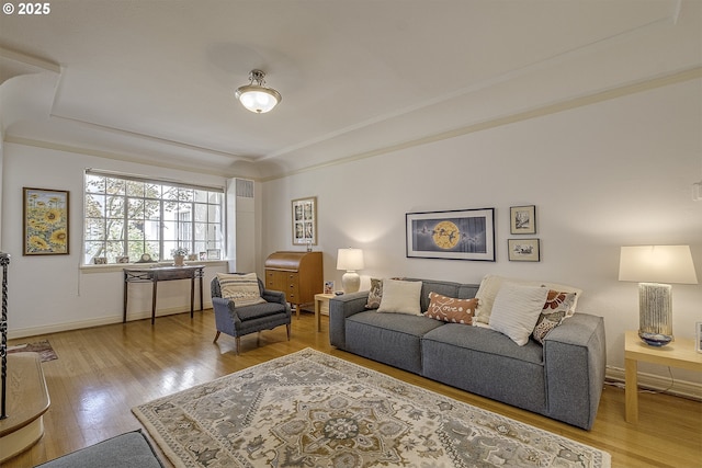 living room featuring baseboards, a raised ceiling, and wood finished floors