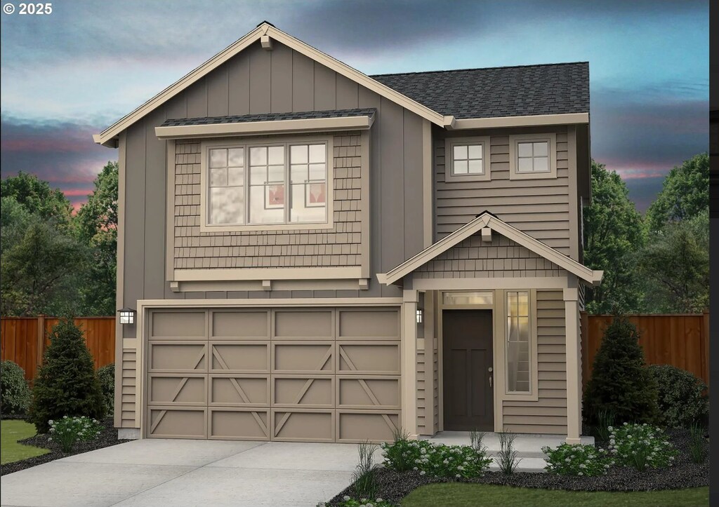 view of front of property featuring fence, driveway, an attached garage, and roof with shingles