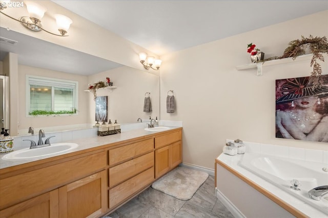 full bathroom featuring double vanity, visible vents, a sink, and a bath