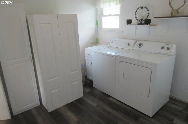 laundry area with dark wood-type flooring and washer and dryer