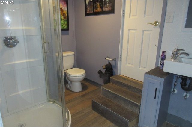 full bathroom featuring a shower stall, wood finished floors, a sink, and toilet