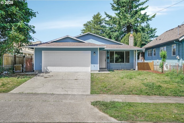 8419 SE Yamhill St, Portland, OR 97216 - ranch-style home with a garage, concrete driveway, a chimney, and a shingled roof