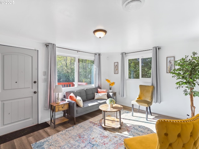 living area featuring a healthy amount of sunlight, baseboards, and wood finished floors