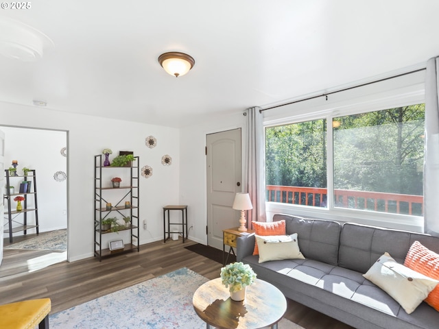 living area featuring wood finished floors and baseboards