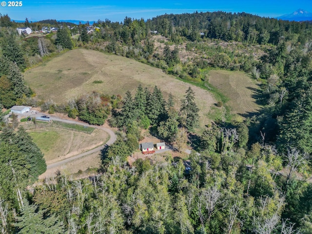 birds eye view of property with a wooded view