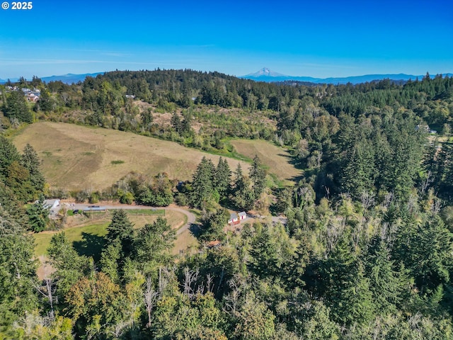 birds eye view of property featuring a mountain view and a forest view