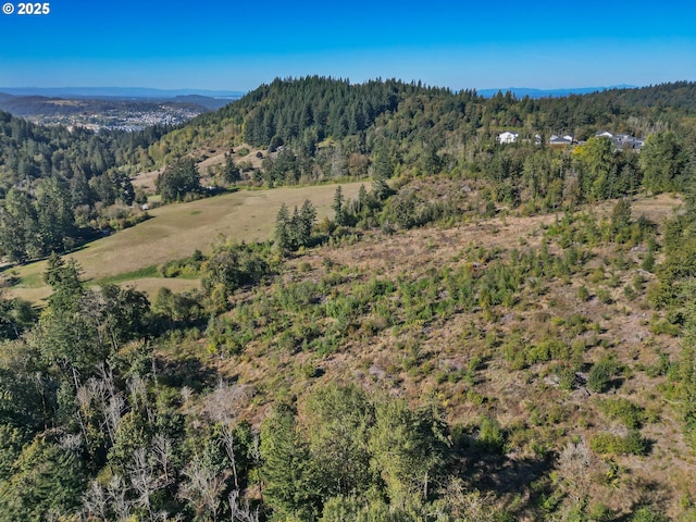 aerial view featuring a wooded view