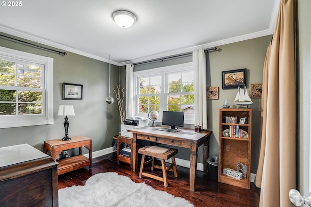 office area featuring crown molding, dark wood-style floors, and baseboards