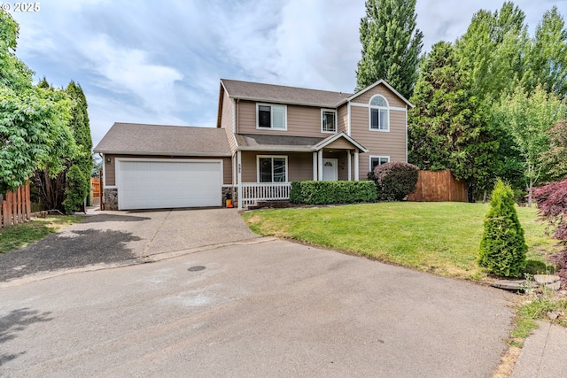 595 Cozy Way, Woodburn, OR 97071 - traditional-style home featuring driveway, an attached garage, a porch, stone siding, and a shingled roof