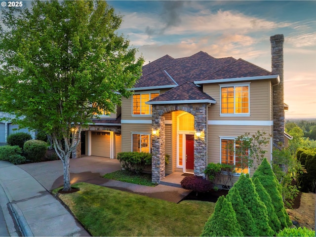 2361 NW Origami Ct, Portland, OR 97229 - view of front of home featuring concrete driveway, stone siding, an attached garage, a lawn, and a shingled roof