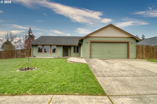 ranch-style home with driveway, an attached garage, a front lawn, and fence