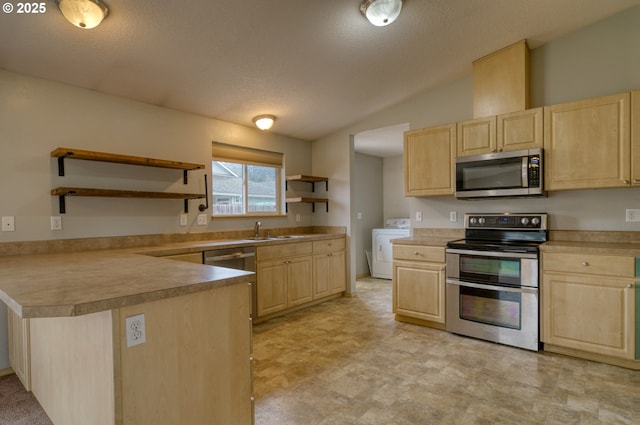 kitchen with open shelves, stainless steel appliances, washer / clothes dryer, and light brown cabinetry