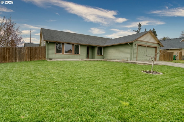 ranch-style home featuring an attached garage, concrete driveway, a front yard, and fence