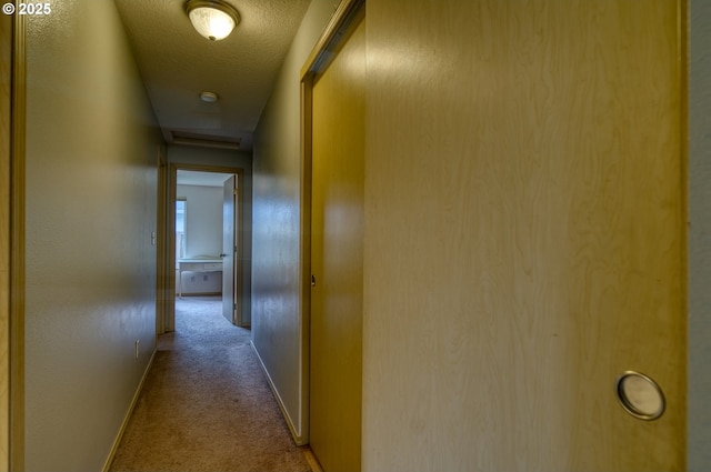 hallway featuring baseboards, carpet floors, and a textured ceiling