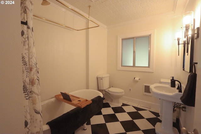 bathroom with toilet, ornamental molding, and shower / tub combo with curtain