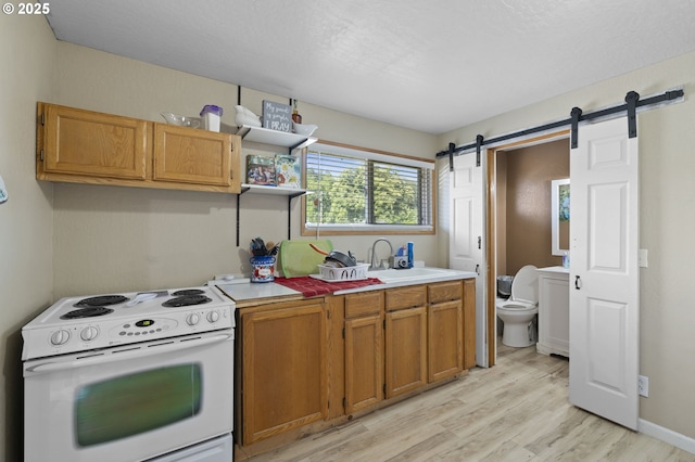 1135 Birch Ave, Cottage Grove, OR 97424 - kitchen featuring white electric range, light countertops, light wood-style flooring, and a barn door