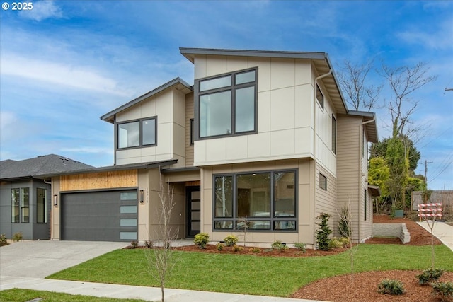 contemporary house featuring driveway, a front lawn, and board and batten siding