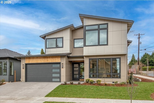 contemporary home with a front yard, a garage, driveway, and crawl space