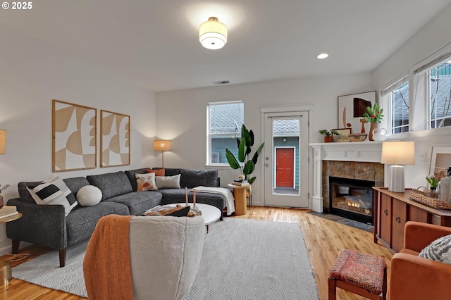 living room featuring a fireplace and light hardwood / wood-style flooring