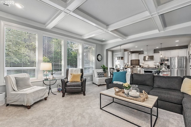 21163 SW Nursery Way, Sherwood, OR 97140 - living room featuring light carpet, coffered ceiling, beam ceiling, baseboards, and recessed lighting