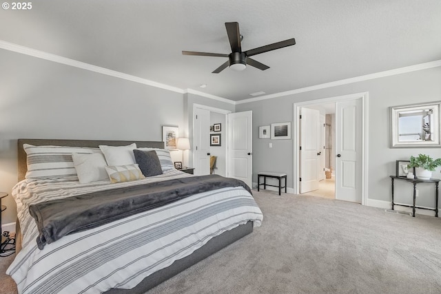 21163 SW Nursery Way, Sherwood, OR 97140 - bedroom featuring baseboards, carpet flooring, crown molding, ceiling fan, and connected bathroom