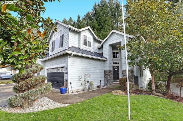 1044 N 26th Ter, Cornelius, OR 97113 - view of front facade with an attached garage, a front lawn, roof with shingles, driveway, and stone siding