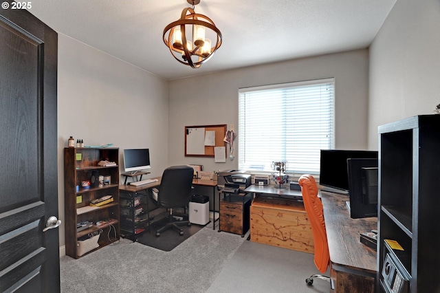 carpeted office with a chandelier