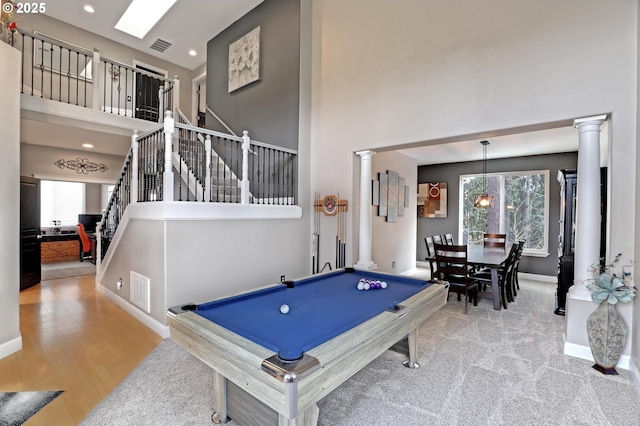 1044 N 26th Ter, Cornelius, OR 97113 - playroom with decorative columns, a towering ceiling, baseboards, billiards table, and recessed lighting