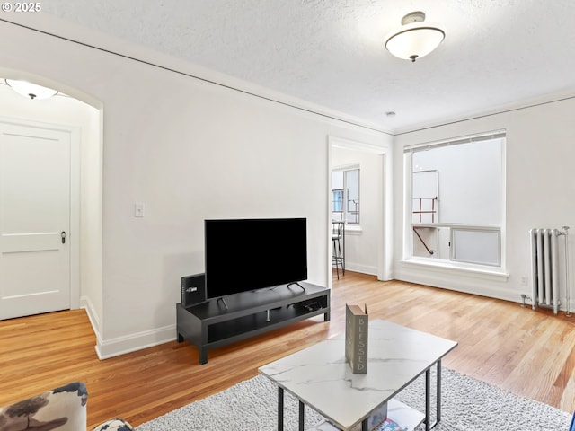 living room with baseboards, radiator heating unit, wood finished floors, arched walkways, and a textured ceiling