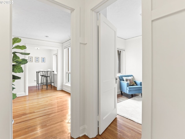 hall with baseboards and light wood-style floors